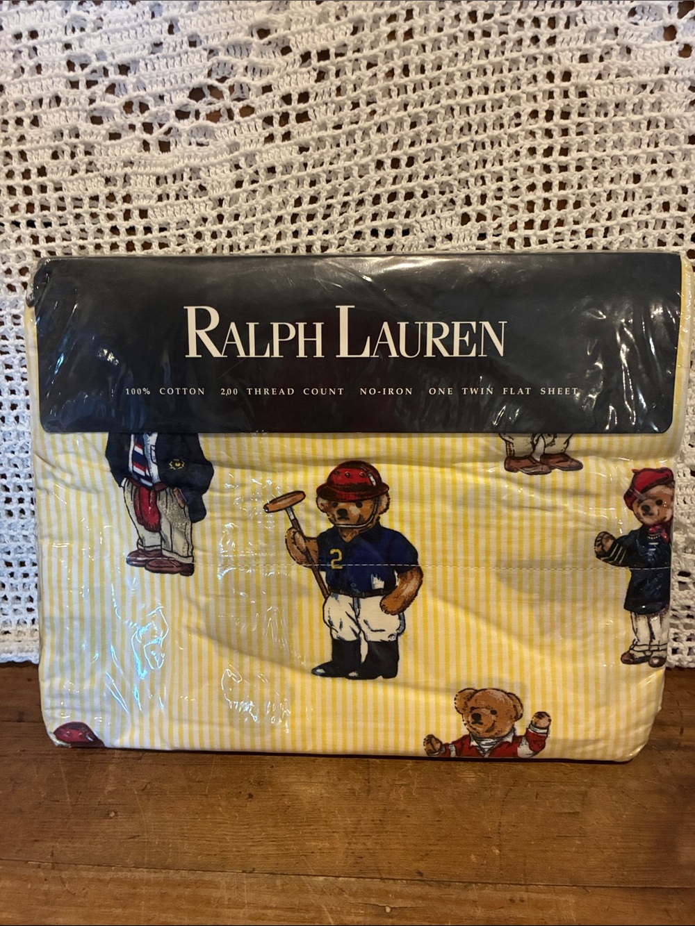 Vintage Ralph Lauren Yellow Striped Polo Bear Twin Flat Sheet NIP